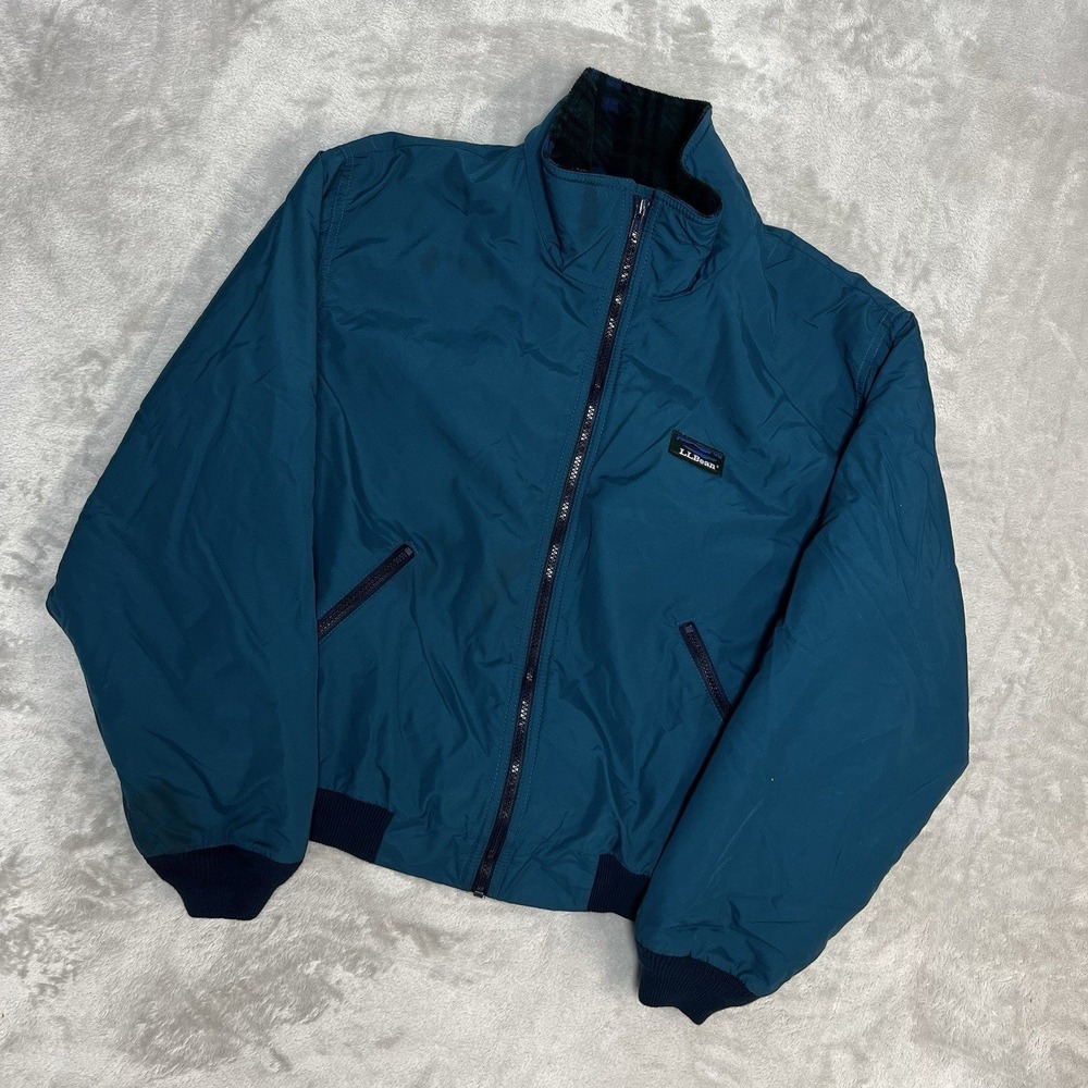 LL Bean Mens Vintage Warm-up Jacket Teal Blue Plaid Fleece Lined Large USA Made
